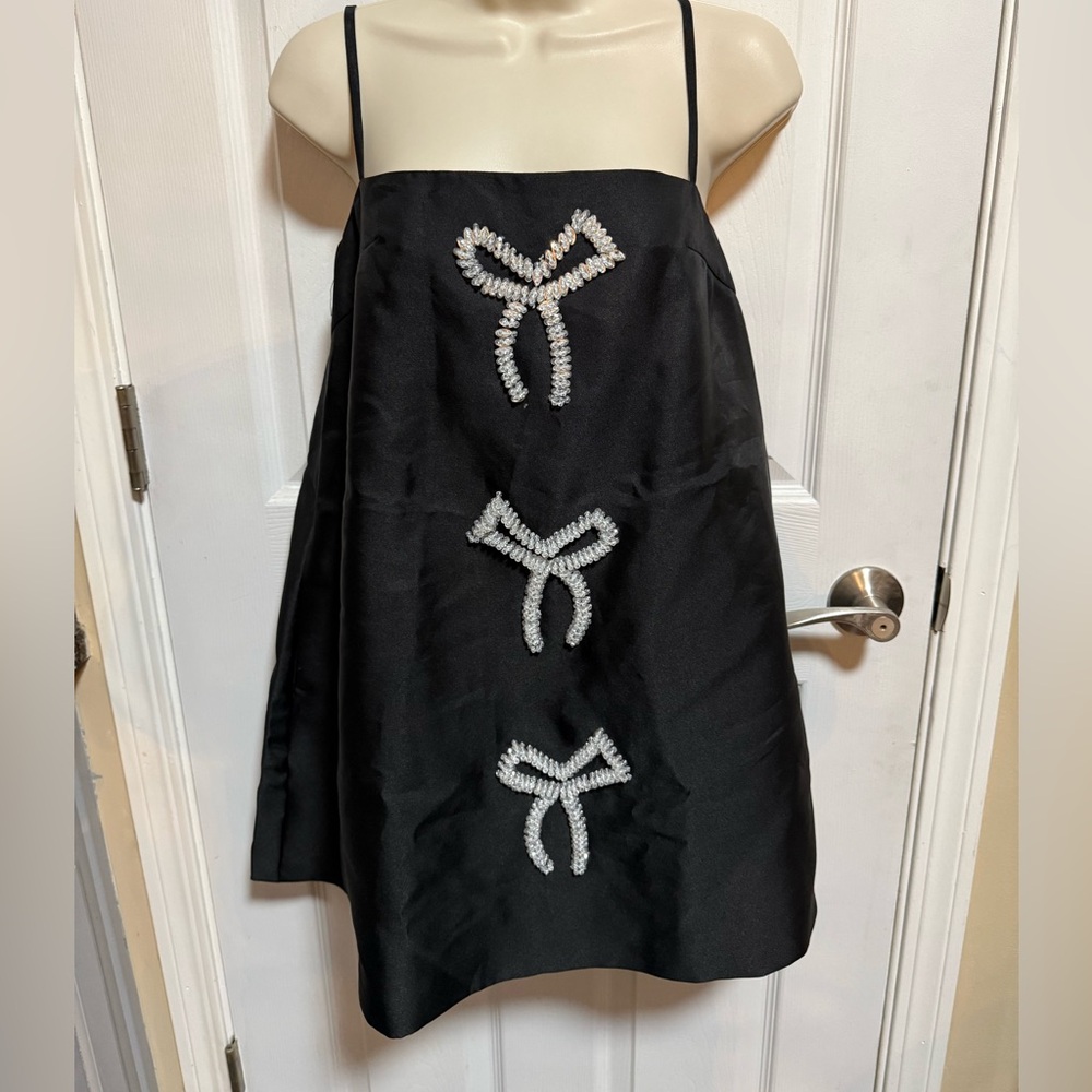 Black Spaghetti-Strap Mini Dress with Crystal Bow Details